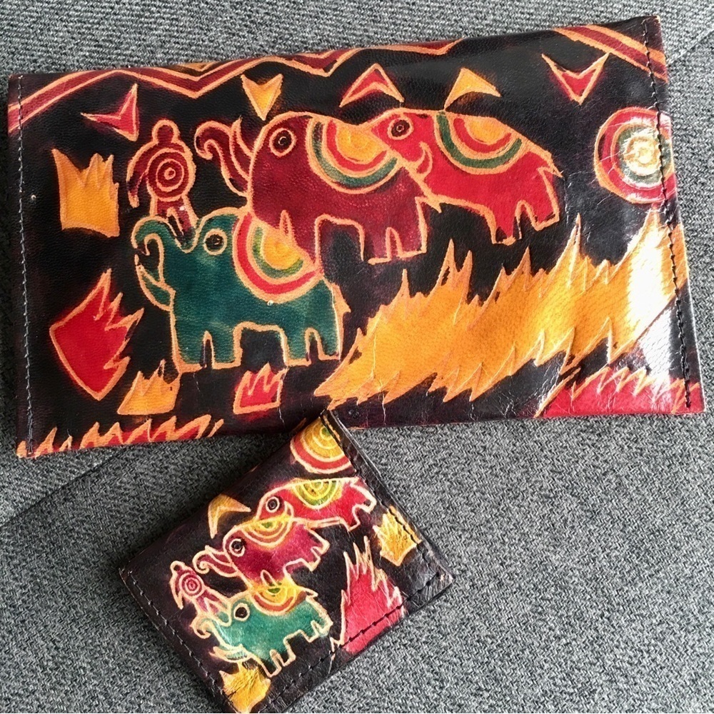 Colorful Elephant Wallet Clutch with Matching Coin Purse, Genuine Leather, Brown - Picture 4 of 17